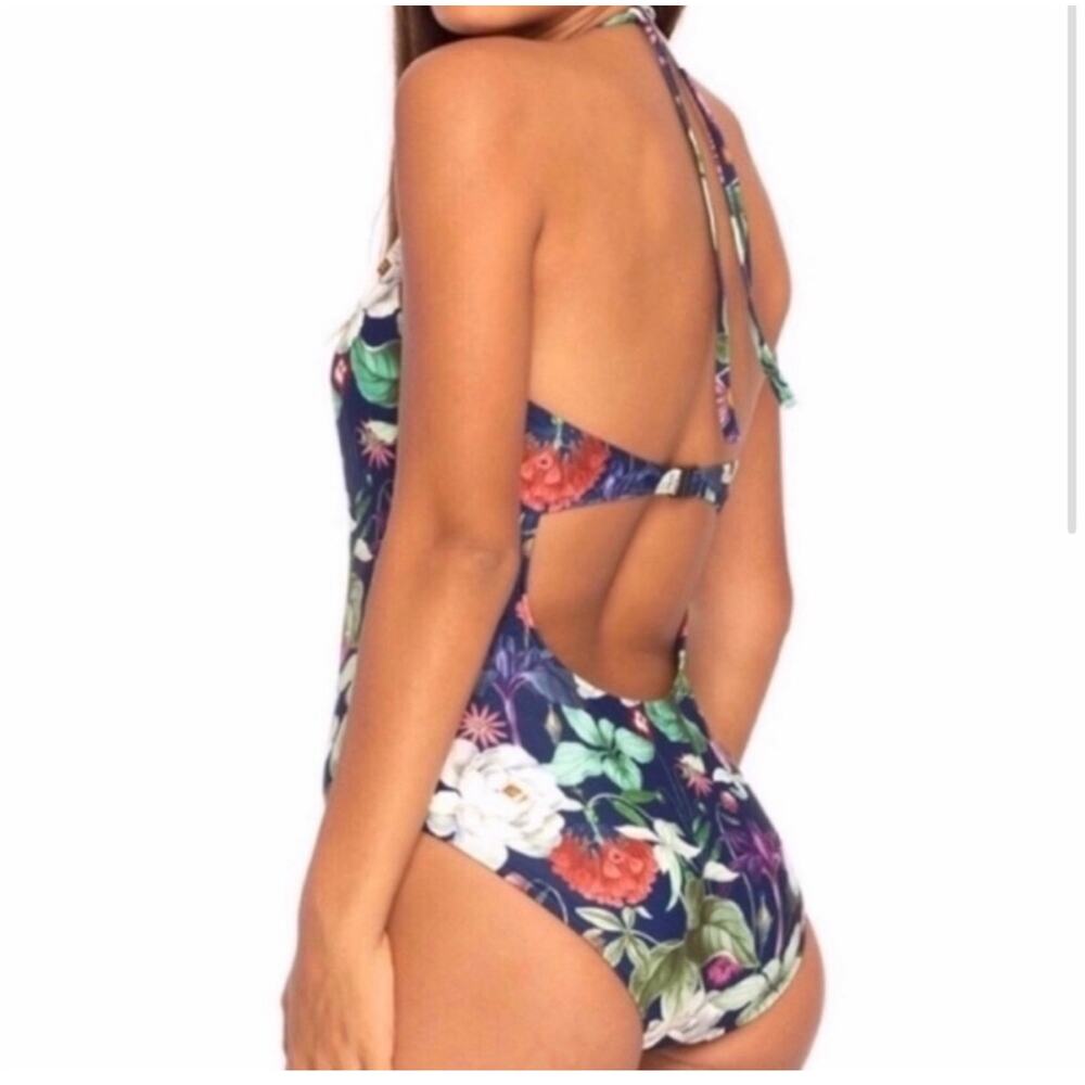 $80 NWT Motel sunny day botanical navy deep V one piece swimsuit sz M - Picture 2 of 3
